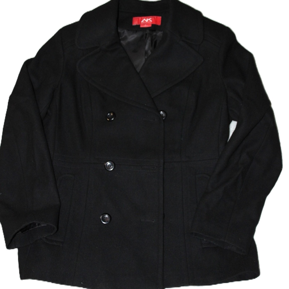 Anne Klein Sport Coat Womens L Black Tweed Pea Coat Lined Pockets Collared